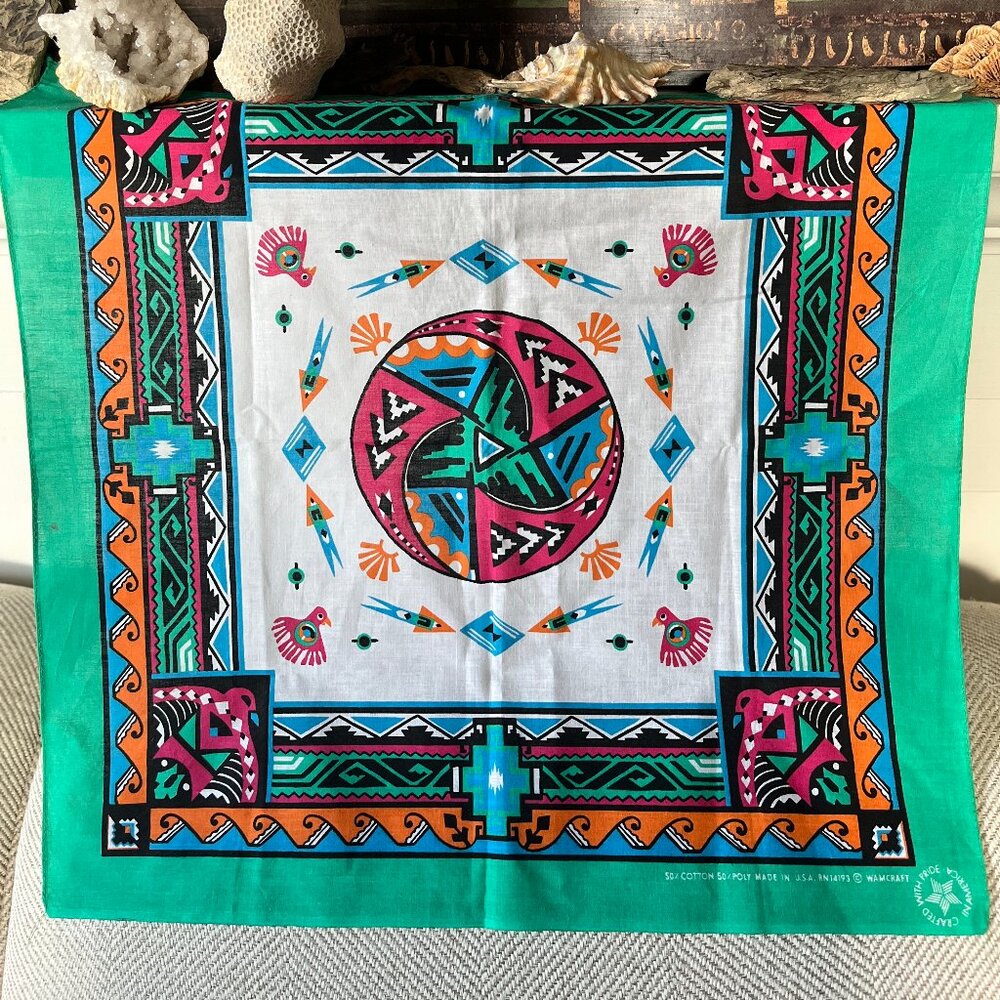 Vintage Southwestern Native-inspired Geometric Birds and Fish Bandana